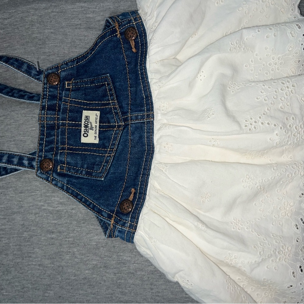 OshKosh B'gosh Blue Denim and White Eyelet Skirt Overalls